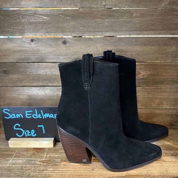 New NWOB Womens Sam Edelman Agnes Black Suede Heeled Booties Boots Size 7 M‎ - Picture 1 of 7